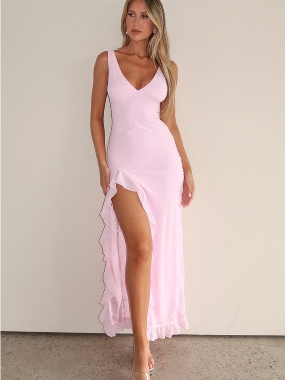 White Fox Boutique Blush Pink High-Low Ruffle Maxi Dress